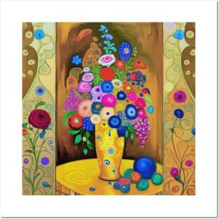 Modern Still Life Painting After Klimt with Flowers in a Gold Vase Posters and Art